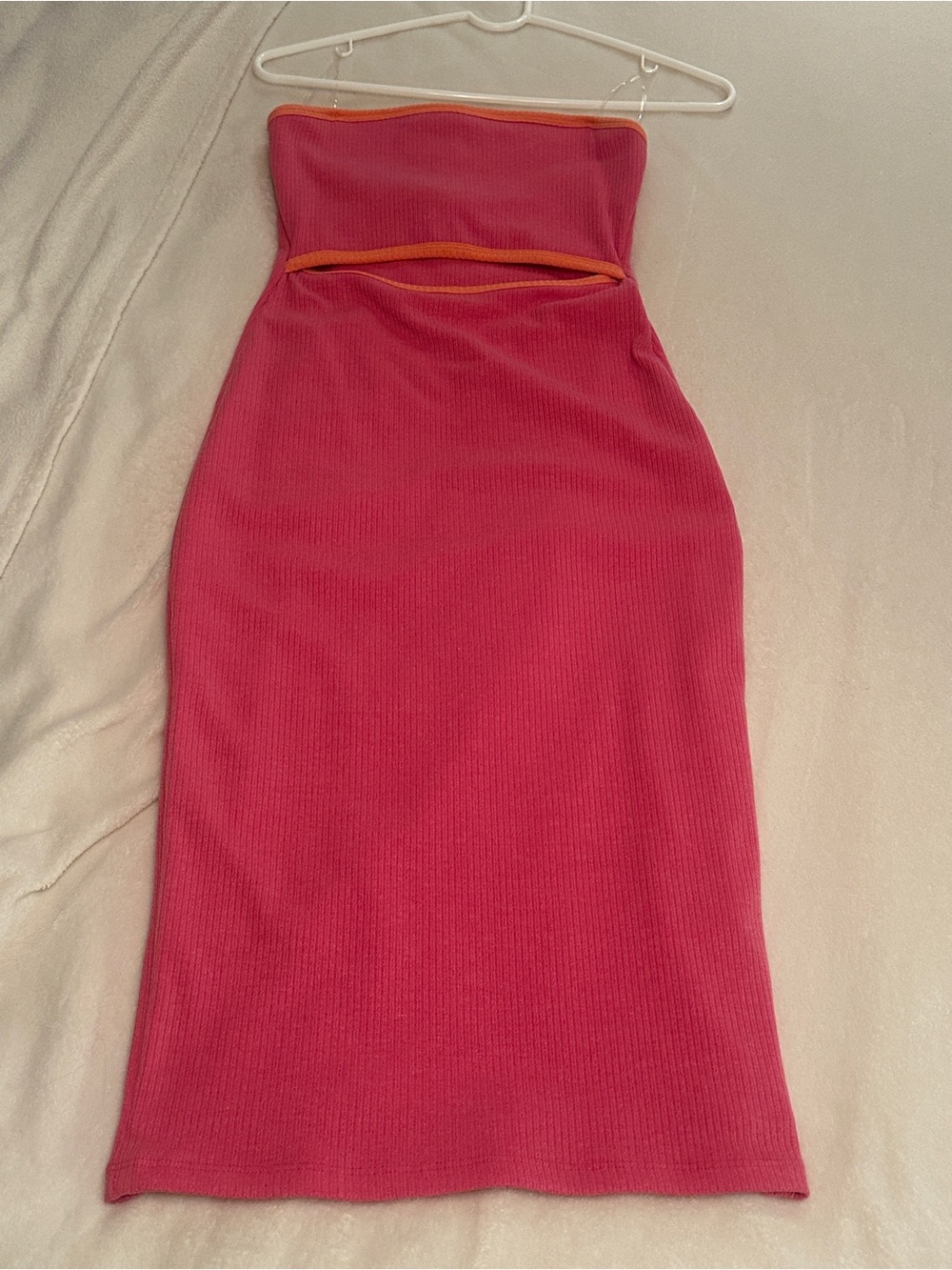 Tyche Strapless Pink Midi Dress with Orange Trim